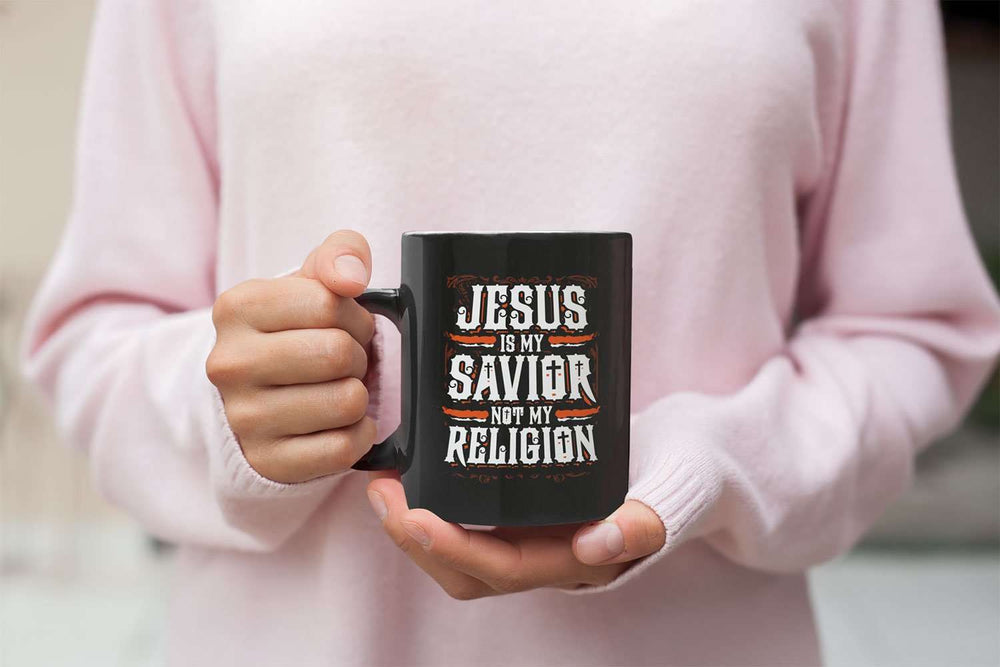 Designs by MyUtopia Shout Out:Jesus Is My Savior Not My Religion Ceramic Coffee Mug - Black,11 oz / Black,Ceramic Coffee Mug