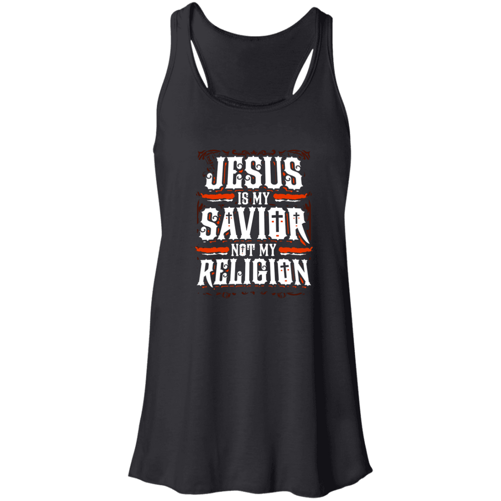 Designs by MyUtopia Shout Out:Jesus Is My Savior Not My Religion Ladies Flowy Racerback Black Tank,X-Small / Black,Tank Tops