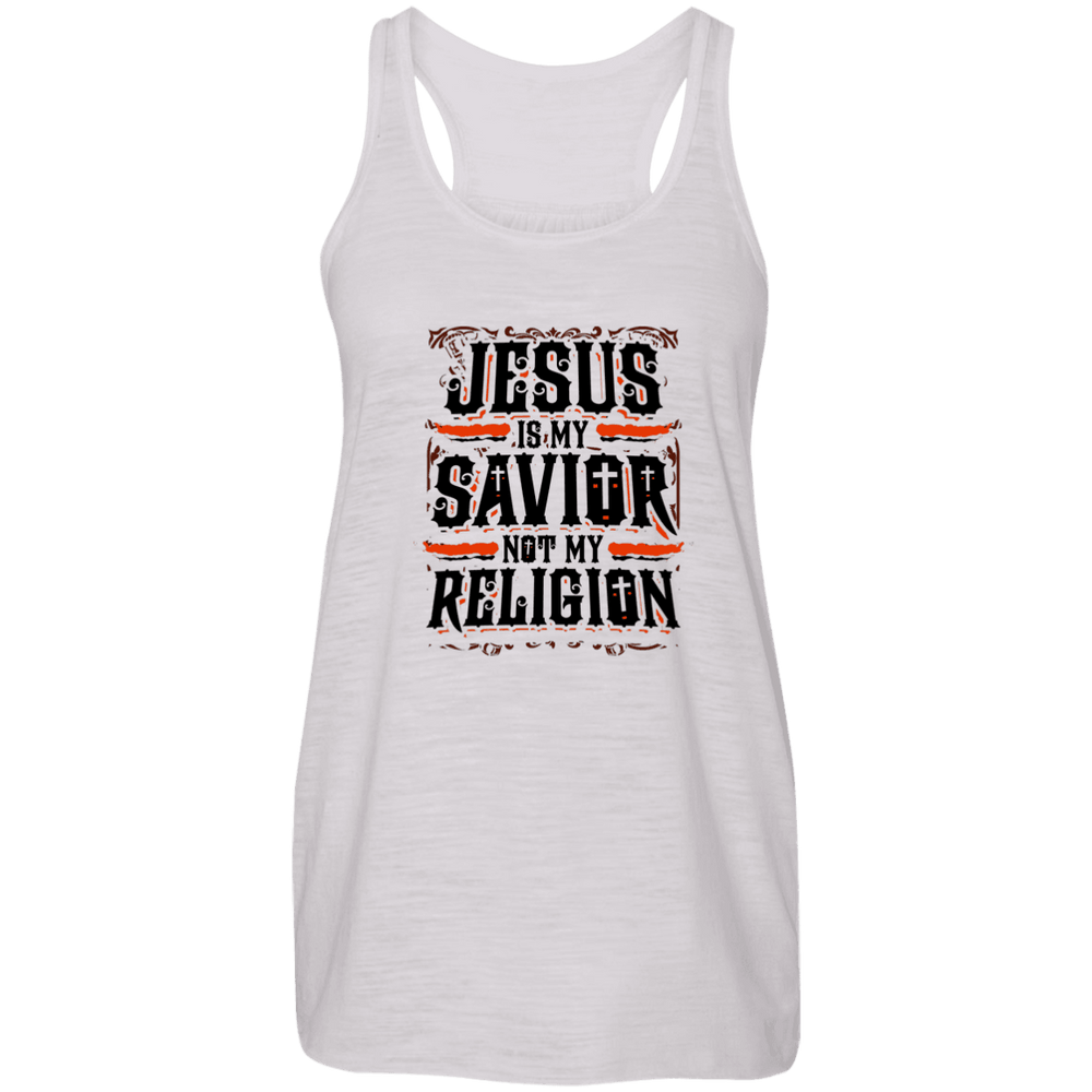 Designs by MyUtopia Shout Out:Jesus Is My Savior Not My Religion Ladies Flowy Racerback White Tank Top,X-Small / Vintage White,Tank Tops