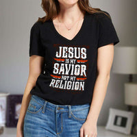 Load image into Gallery viewer, Designs by MyUtopia Shout Out:Jesus Is My Savior Not My Religion Ladies&#39; V-Neck T-Shirt,Black / S,Ladies T-Shirts
