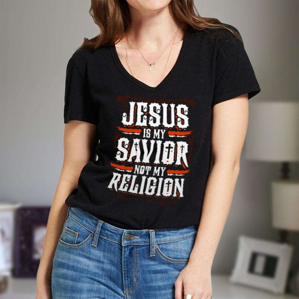 Designs by MyUtopia Shout Out:Jesus Is My Savior Not My Religion Ladies' V-Neck T-Shirt,Black / S,Ladies T-Shirts