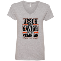 Load image into Gallery viewer, Designs by MyUtopia Shout Out:Jesus Is My Savior Not My Religion Ladies&#39; V-Neck T-Shirt,Heather Grey / S,Ladies T-Shirts
