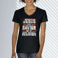 Load image into Gallery viewer, Designs by MyUtopia Shout Out:Jesus Is My Savior Not My Religion Ladies&#39; V-Neck T-Shirt
