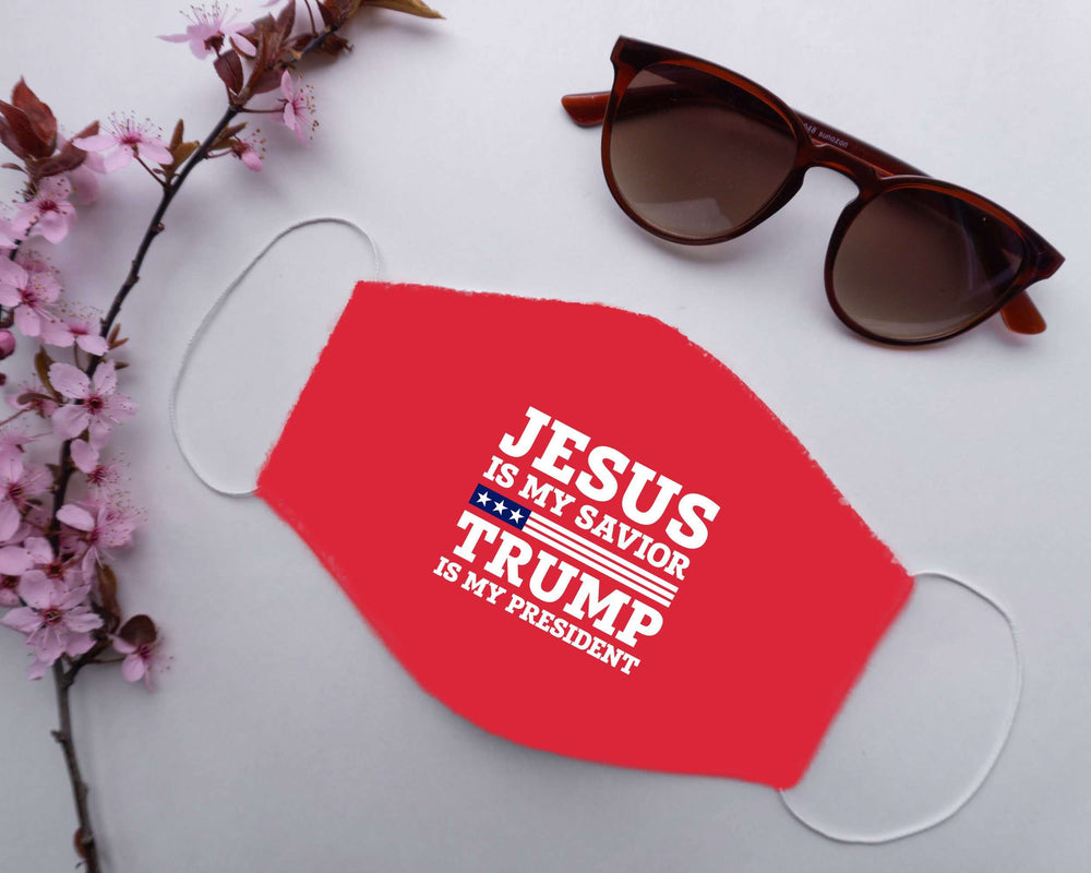 Designs by MyUtopia Shout Out:Jesus Is My Savior Trump is My President Adult Fabric Face Mask with Elastic Ear Loops