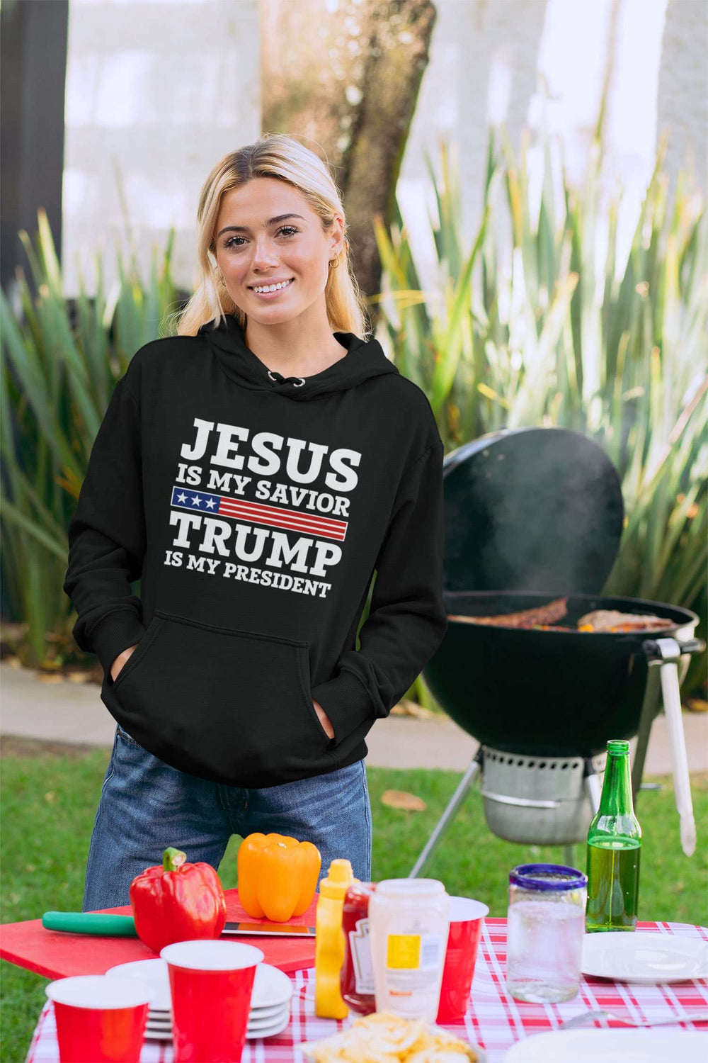 Designs by MyUtopia Shout Out:Jesus Is My Savior Trump Is My President Core Fleece Pullover Hoodie