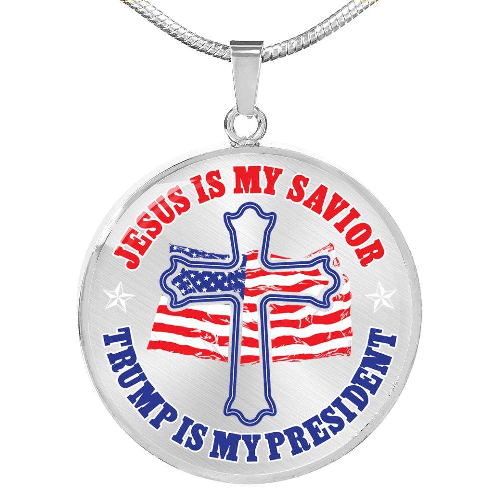 Designs by MyUtopia Shout Out:Jesus Is My Savior Trump Is My President Engravable Keepsake Round Pendant Necklace - White,Luxury Necklace (Silver) / No,Necklace