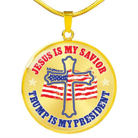Load image into Gallery viewer, Designs by MyUtopia Shout Out:Jesus Is My Savior Trump Is My President Engravable Keepsake Round Pendant Necklace - White,Luxury Necklace (Gold) / No,Necklace

