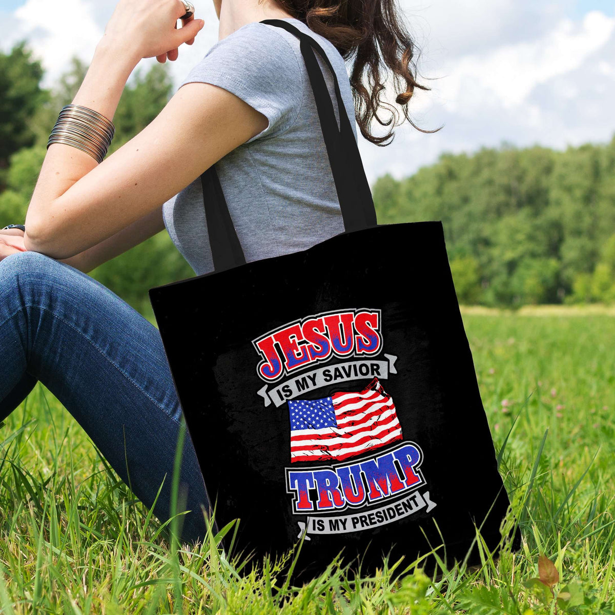 Designs by MyUtopia Shout Out:Jesus Is My Savior Trump Is My President Fabric Totebag Reusable Shopping Tote