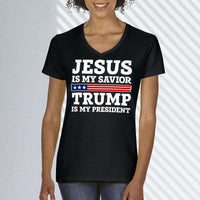 Load image into Gallery viewer, Designs by MyUtopia Shout Out:Jesus Is My Savior Trump Is My President Ladies&#39; V-Neck T-Shirt
