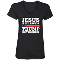 Load image into Gallery viewer, Designs by MyUtopia Shout Out:Jesus Is My Savior Trump Is My President Ladies&#39; V-Neck T-Shirt,S / Black,Ladies T-Shirts
