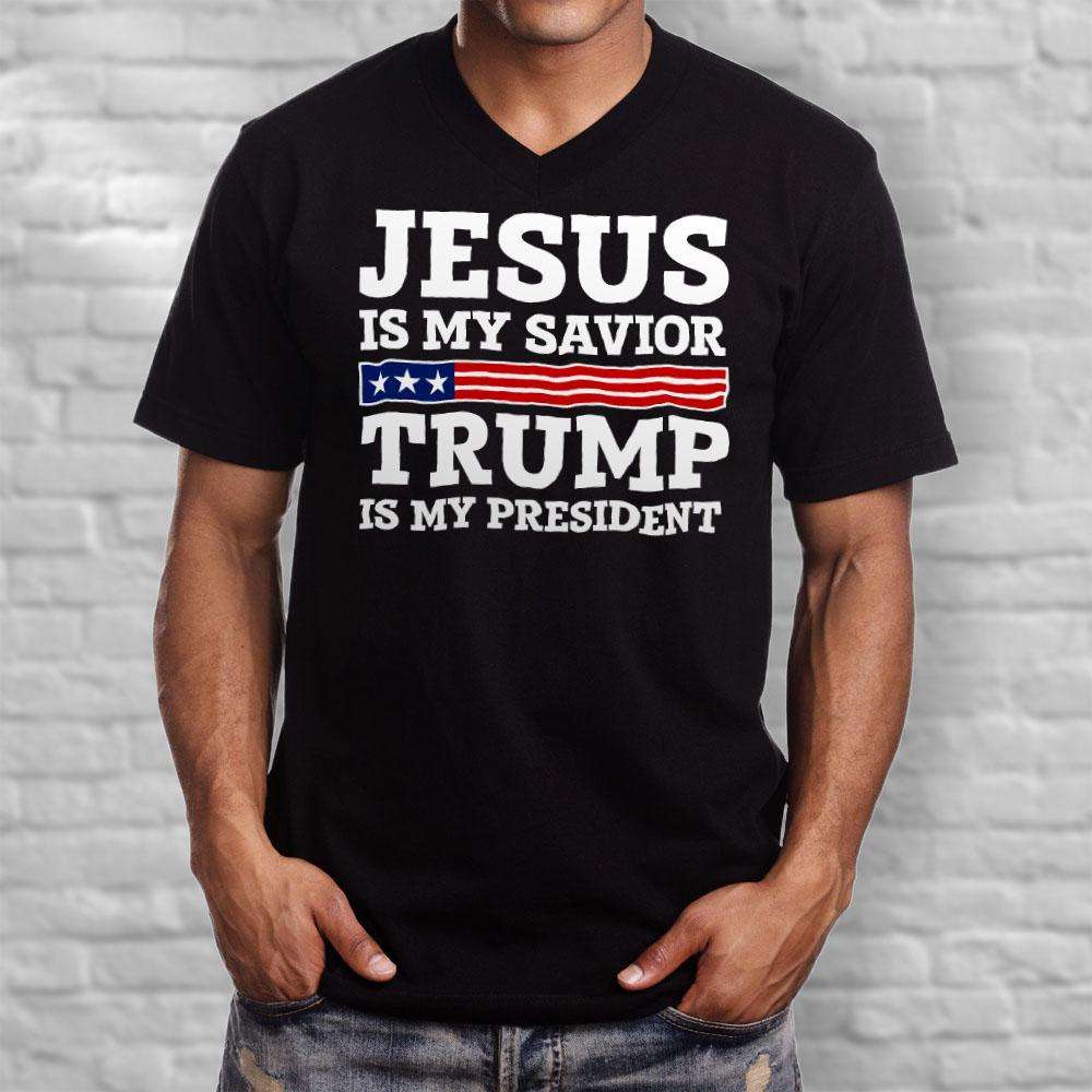 Designs by MyUtopia Shout Out:Jesus Is My Savior Trump Is My President Men's Printed V-Neck T-Shirt