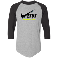 Load image into Gallery viewer, Designs by MyUtopia Shout Out:Jesus Just Praise Him 3/4 Length Sleeve Color block Raglan Jersey T-Shirt,Athletic Heather/Black / S,Long Sleeve T-Shirts
