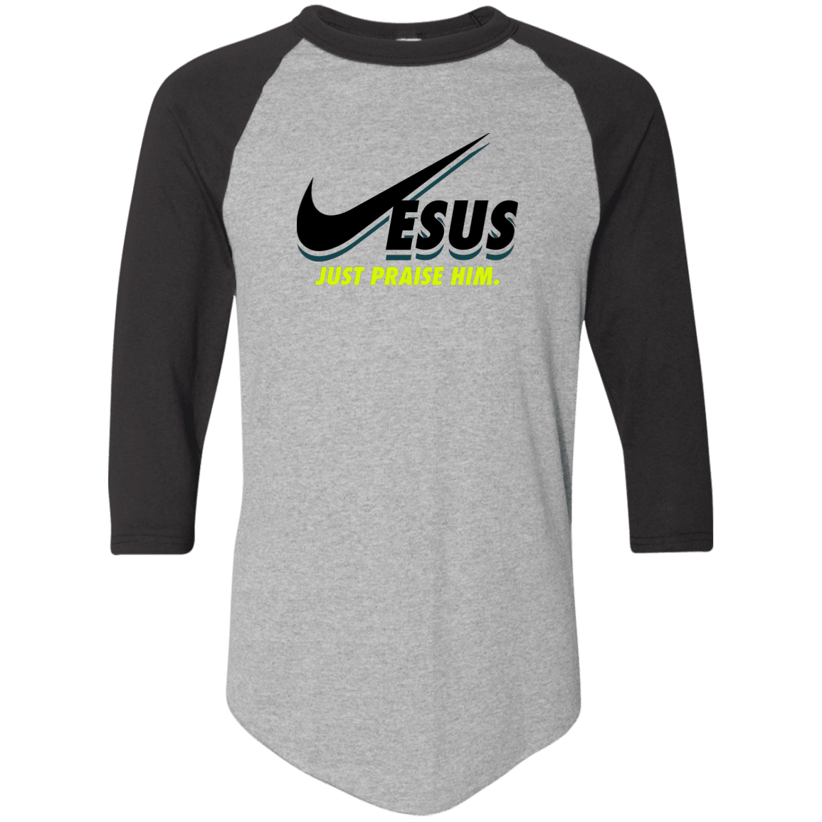 Designs by MyUtopia Shout Out:Jesus Just Praise Him 3/4 Length Sleeve Color block Raglan Jersey T-Shirt,Athletic Heather/Black / S,Long Sleeve T-Shirts