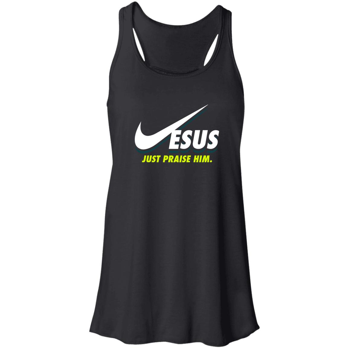 Designs by MyUtopia Shout Out:Jesus Just Praise Him Flowy Racerback Tank,Black / X-Small,Tank Tops