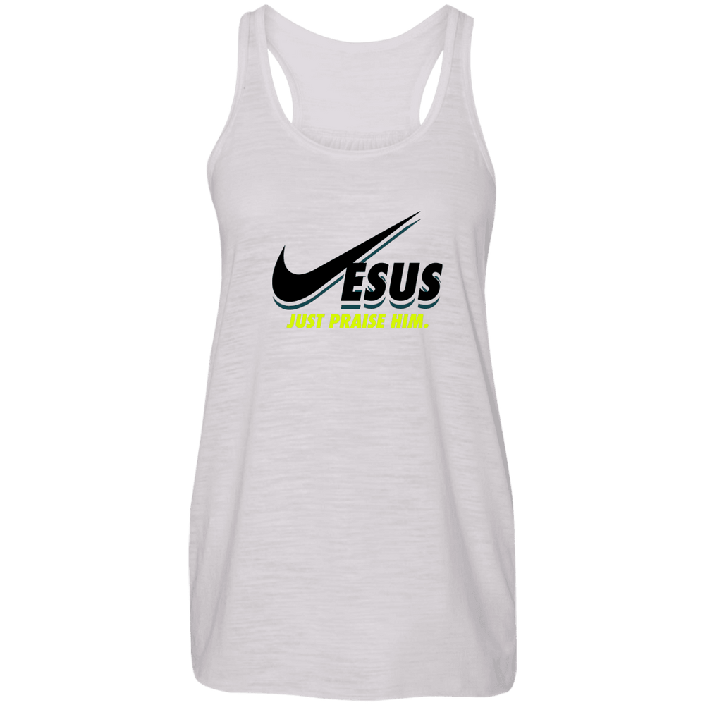 Designs by MyUtopia Shout Out:Jesus Just Praise Him Ladies Flowy Racer-back Tank Top,Vintage White / X-Small,Tank Tops