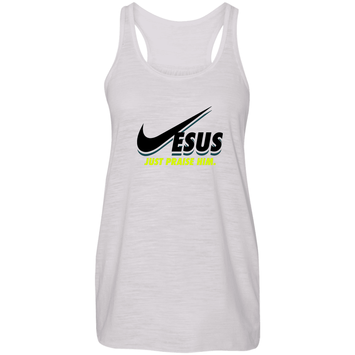 Designs by MyUtopia Shout Out:Jesus Just Praise Him Ladies Flowy Racer-back Tank Top,Vintage White / X-Small,Tank Tops