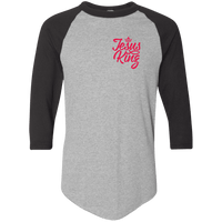 Load image into Gallery viewer, Designs by MyUtopia Shout Out:Jesus King 3/4 Length Sleeve Color block Raglan Jersey T-Shirt,Athletic Heather/Black / S,Adult Unisex T-Shirt
