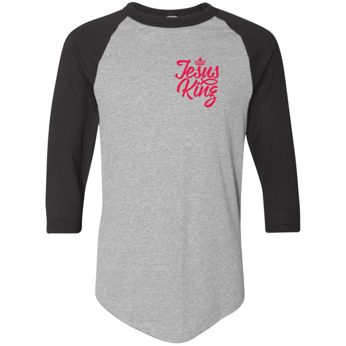 Designs by MyUtopia Shout Out:Jesus King 3/4 Length Sleeve Color block Raglan Jersey T-Shirt,Athletic Heather/Black / S,Adult Unisex T-Shirt