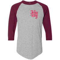 Load image into Gallery viewer, Designs by MyUtopia Shout Out:Jesus King 3/4 Length Sleeve Color block Raglan Jersey T-Shirt,Athletic Heather/Maroon / S,Adult Unisex T-Shirt
