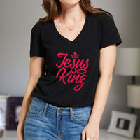 Load image into Gallery viewer, Designs by MyUtopia Shout Out:Jesus King Anvil Ladies&#39; V-Neck T-Shirt
