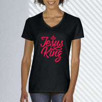 Load image into Gallery viewer, Designs by MyUtopia Shout Out:Jesus King Anvil Ladies&#39; V-Neck T-Shirt,Black / S,Ladies T-Shirts
