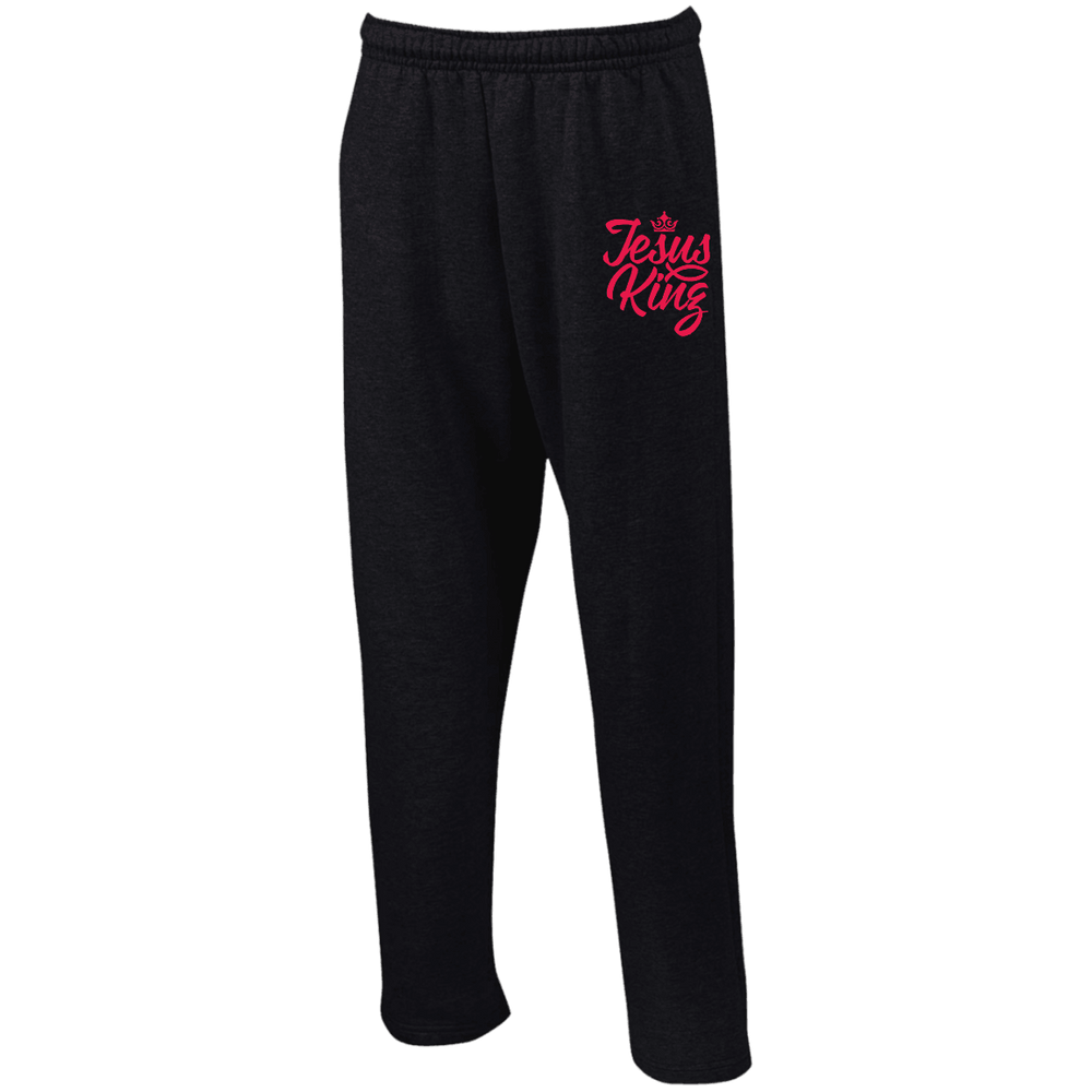 Designs by MyUtopia Shout Out:Jesus King Embroidered Open Bottom Sweatpants with Pockets,S / Black,Pants