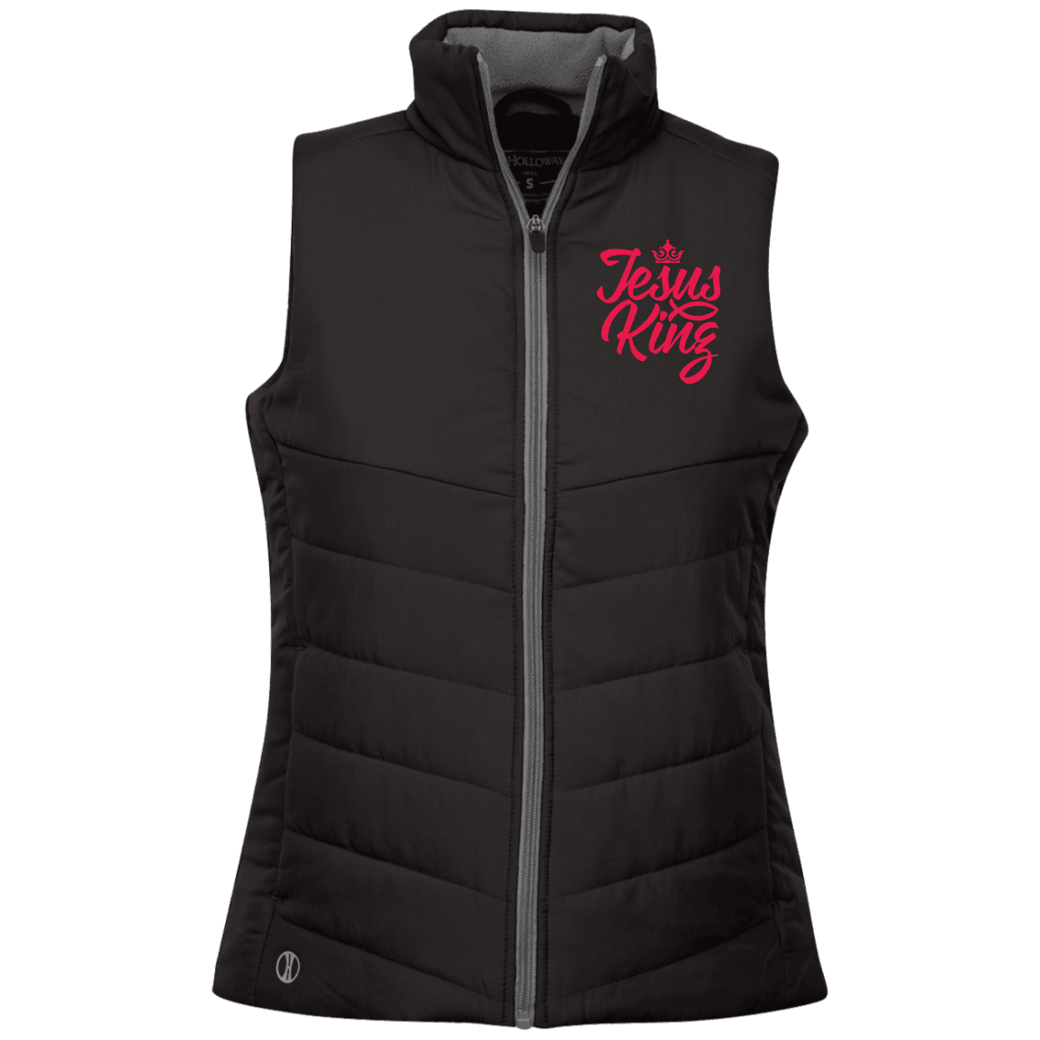 Designs by MyUtopia Shout Out:Jesus King Holloway Ladies' Embroidered Quilted Vest,X-Small / Black,Jackets