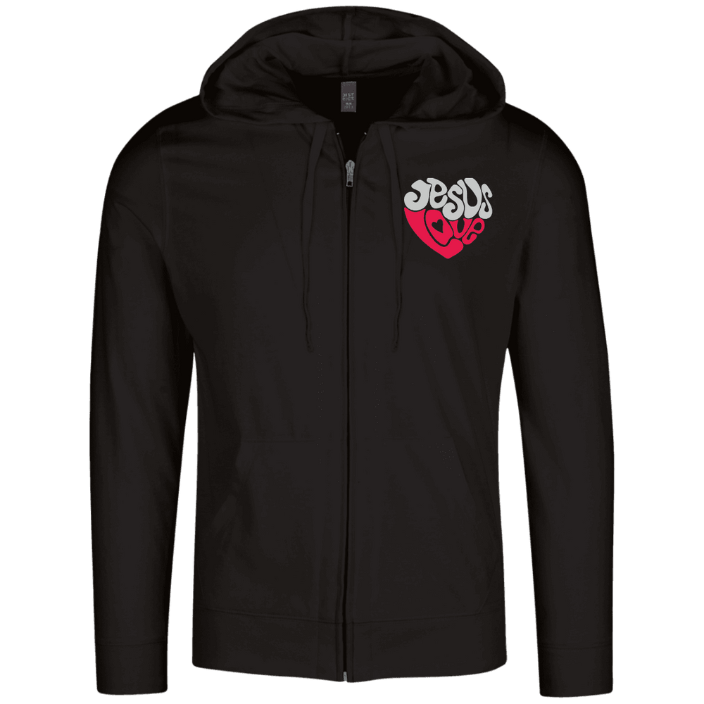 Designs by MyUtopia Shout Out:Jesus Love Heart Embroidered Lightweight Full Zip Hoodie,X-Small / Black,Sweatshirts