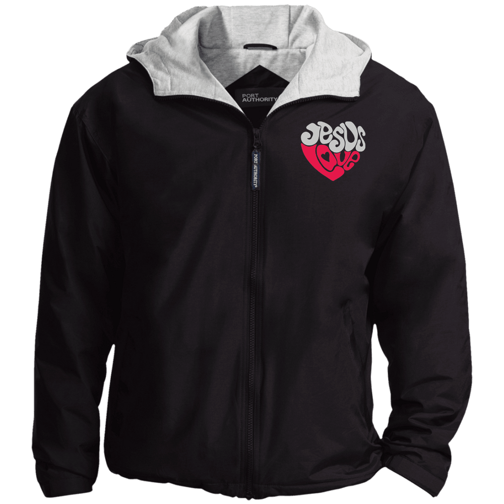 Designs by MyUtopia Shout Out:Jesus Love Heart Embroidered Team Jacket,X-Small / Black/Light Oxford,Jackets