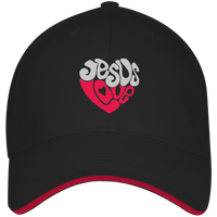 Load image into Gallery viewer, Designs by MyUtopia Shout Out:Jesus Love Heart Embroidered USA Made Structured Twill Cap With Sandwich Visor,Black/Red / One Size,Hats
