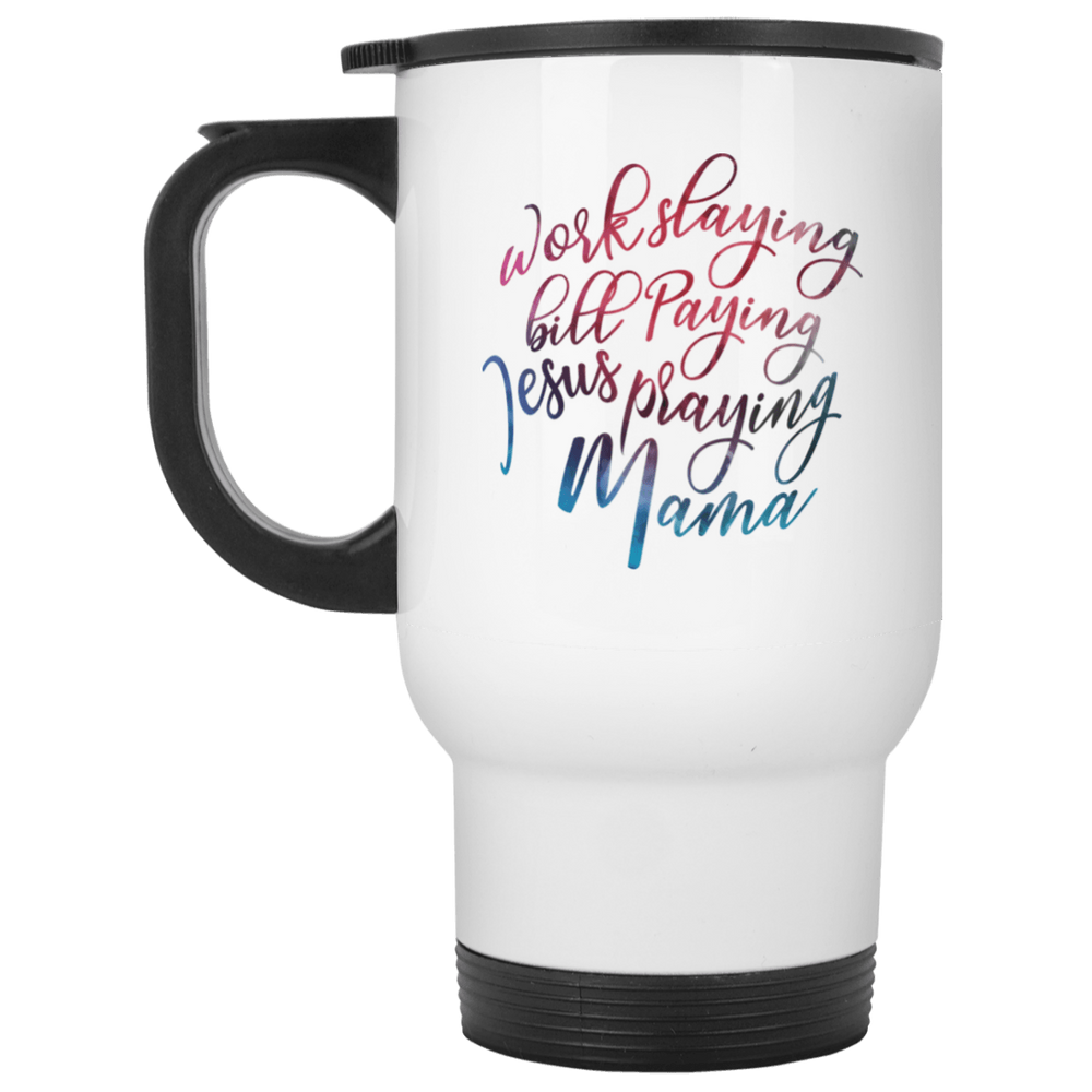 Designs by MyUtopia Shout Out:Jesus Praying Mama 14 oz White Stainless Steel Travel Mug,White / 14 oz,Travel Mug