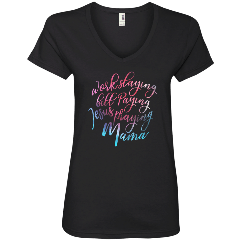 Designs by MyUtopia Shout Out:Jesus Praying Mama Ladies' V-Neck T-Shirt,Black / S,Ladies T-Shirts