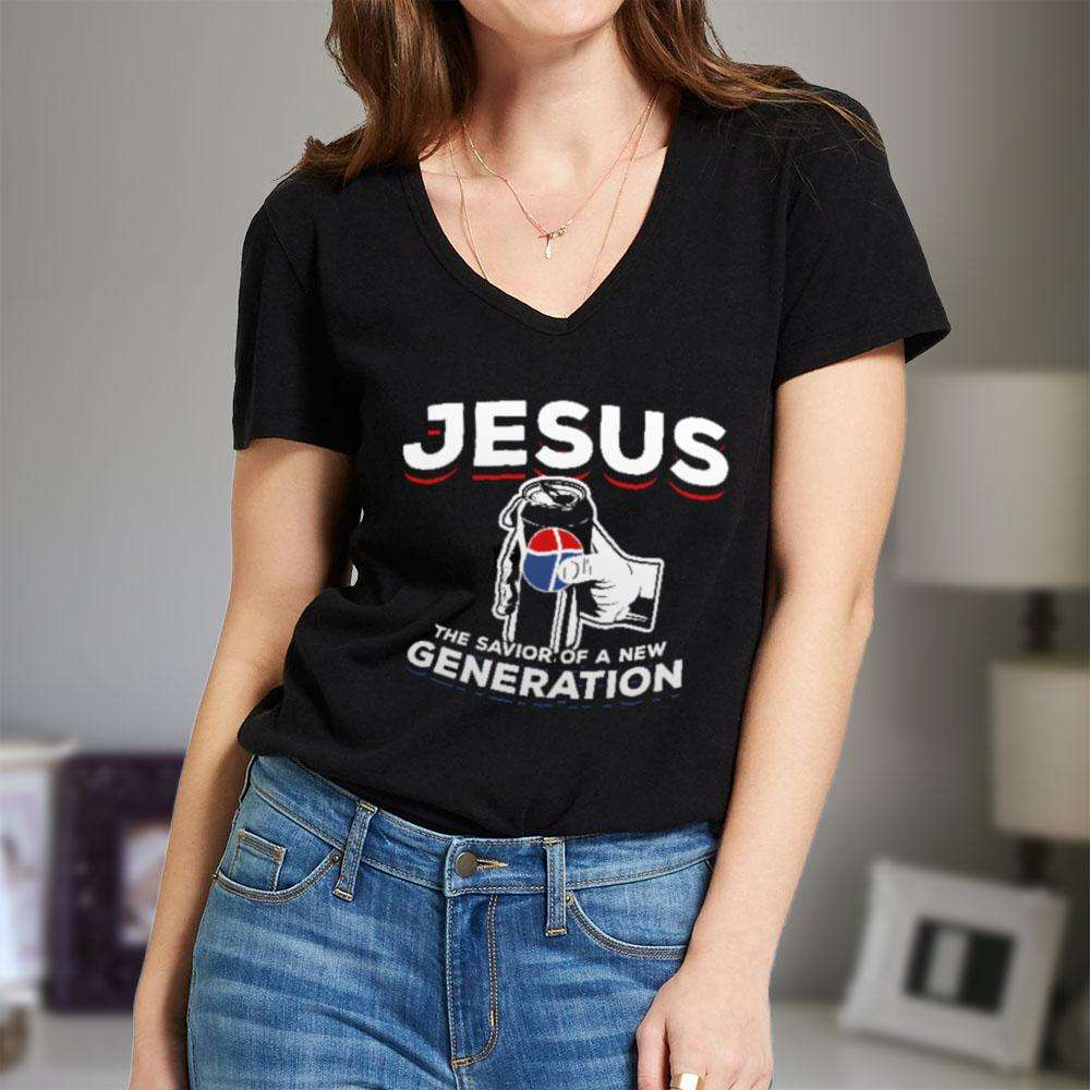 Designs by MyUtopia Shout Out:Jesus Savior of New Generation Ladies' V-Neck T-Shirt,Black / S,Ladies T-Shirts