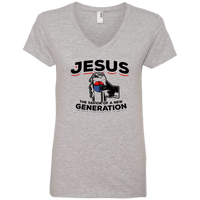 Load image into Gallery viewer, Designs by MyUtopia Shout Out:Jesus Savior of New Generation Ladies&#39; V-Neck T-Shirt,Heather Grey / S,Ladies T-Shirts

