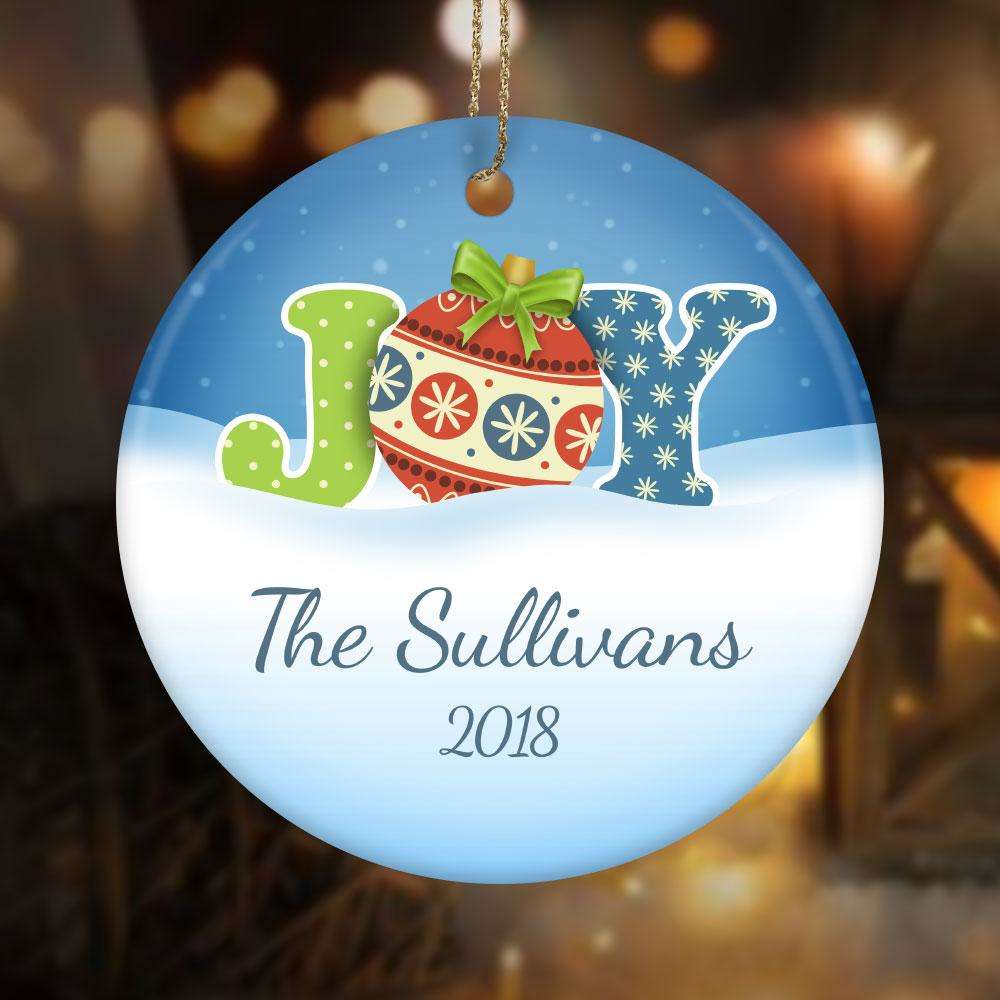 Designs by MyUtopia Shout Out:Joy Christmas Personalized with Family Name and Date Ceramic Circle Ornament