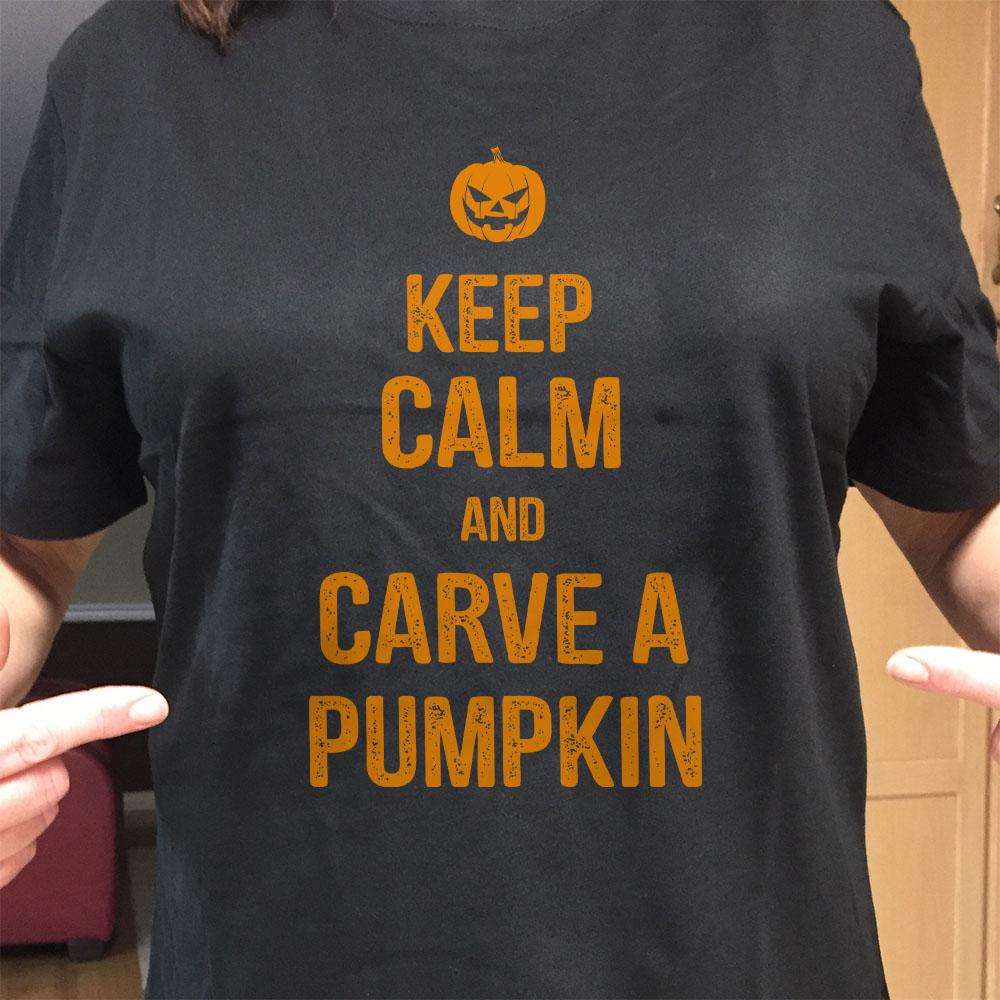 Designs by MyUtopia Shout Out:Keep Calm and Carve A Pumpkin Adult Unisex Cotton Short Sleeve T-Shirt