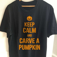 Load image into Gallery viewer, Designs by MyUtopia Shout Out:Keep Calm and Carve A Pumpkin Adult Unisex Cotton Short Sleeve T-Shirt,S / Black,Adult Unisex T-Shirt
