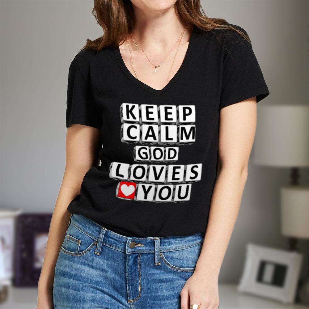 Designs by MyUtopia Shout Out:Keep Calm God Loves You Crossword Adult Unisex Vneck Tee