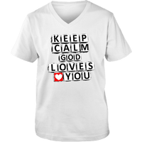 Load image into Gallery viewer, Designs by MyUtopia Shout Out:Keep Calm God Loves You Crossword Adult Unisex Vneck Tee,White / S,Ladies T-Shirts

