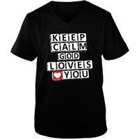 Load image into Gallery viewer, Designs by MyUtopia Shout Out:Keep Calm God Loves You Crossword Adult Unisex Vneck Tee,Black / S,Ladies T-Shirts
