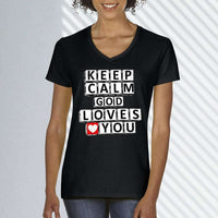 Load image into Gallery viewer, Designs by MyUtopia Shout Out:Keep Calm God Loves You Crossword Adult Unisex Vneck Tee
