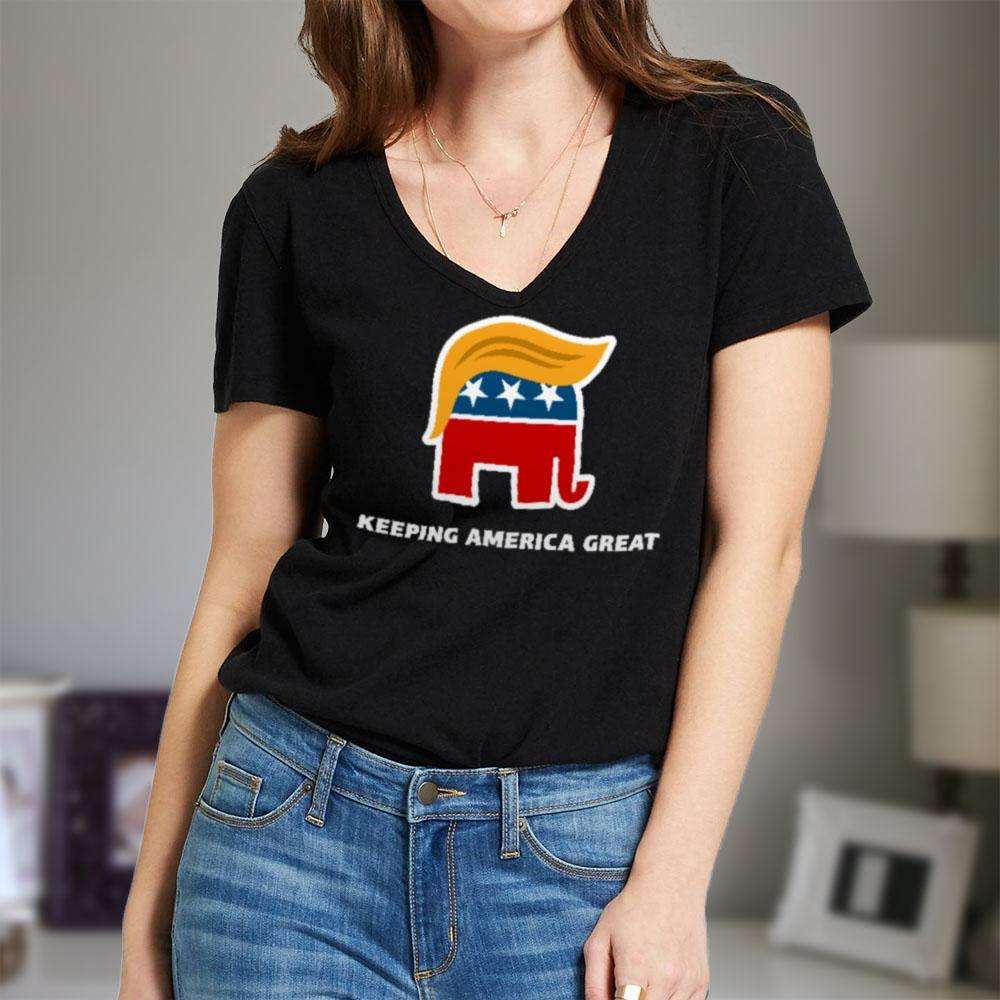 Designs by MyUtopia Shout Out:Keeping America Great Trump Elephant Ladies' V-Neck T-Shirt