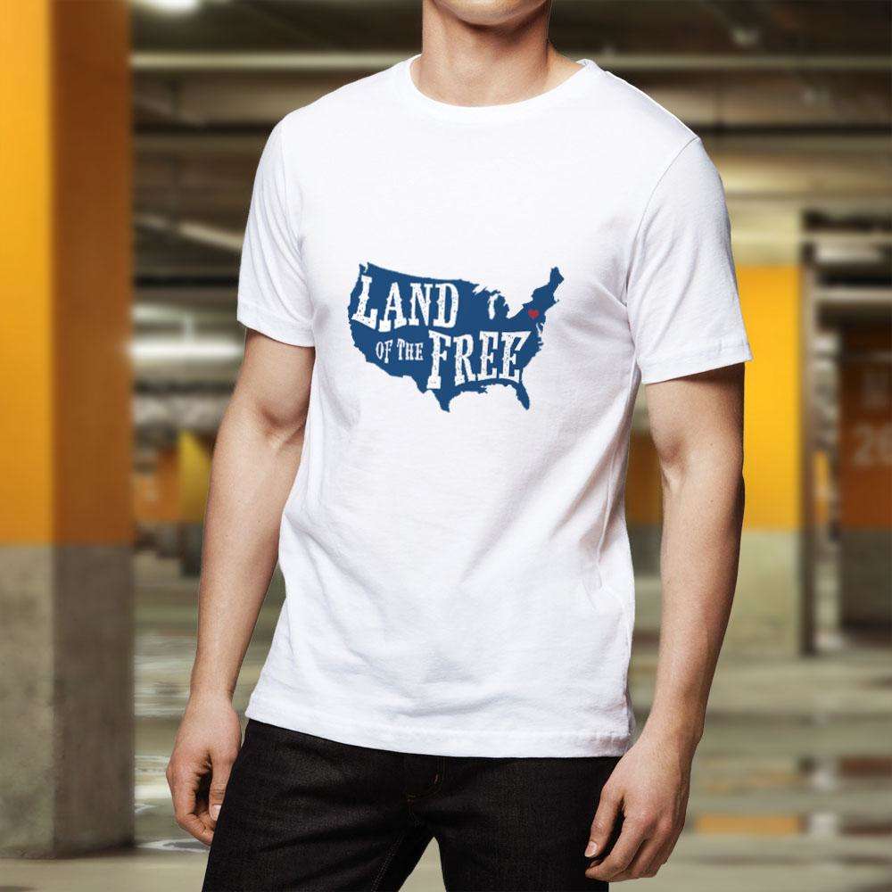 Designs by MyUtopia Shout Out:Land of the Free in US Map Adult Unisex White T-Shirt