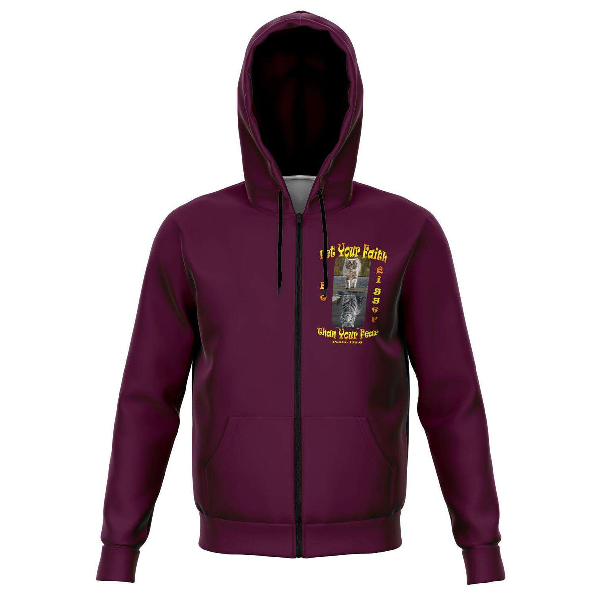 Designs by MyUtopia Shout Out:Let Your Faith Be Bigger Than Your Fear Fashion Zip Hooded Jacket,XS / Maroon,Fashion Zip-Up Hoodie - AOP