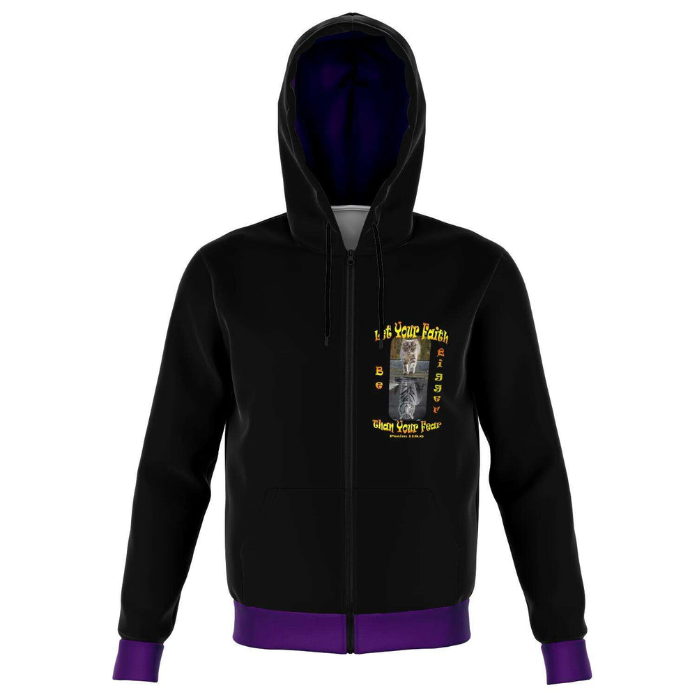 Designs by MyUtopia Shout Out:Let Your Faith Be Bigger Than Your Fear Fashion Zip Hooded Jacket Purple Trim,XS,Fashion Zip-Up Hoodie - AOP