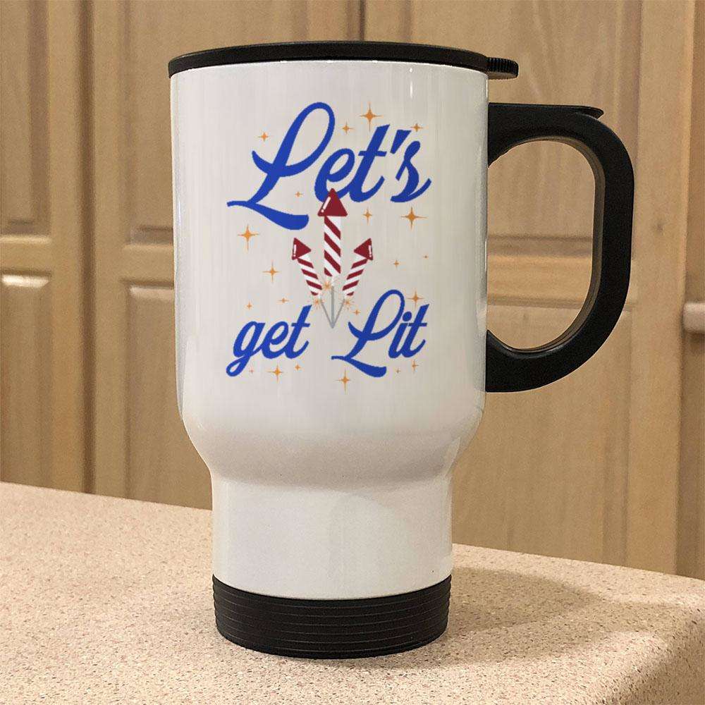 Designs by MyUtopia Shout Out:Let's Get Lit Stainless Steel Travel Coffee Mug w. Twist Close Lid,14 oz / White,Travel Mug