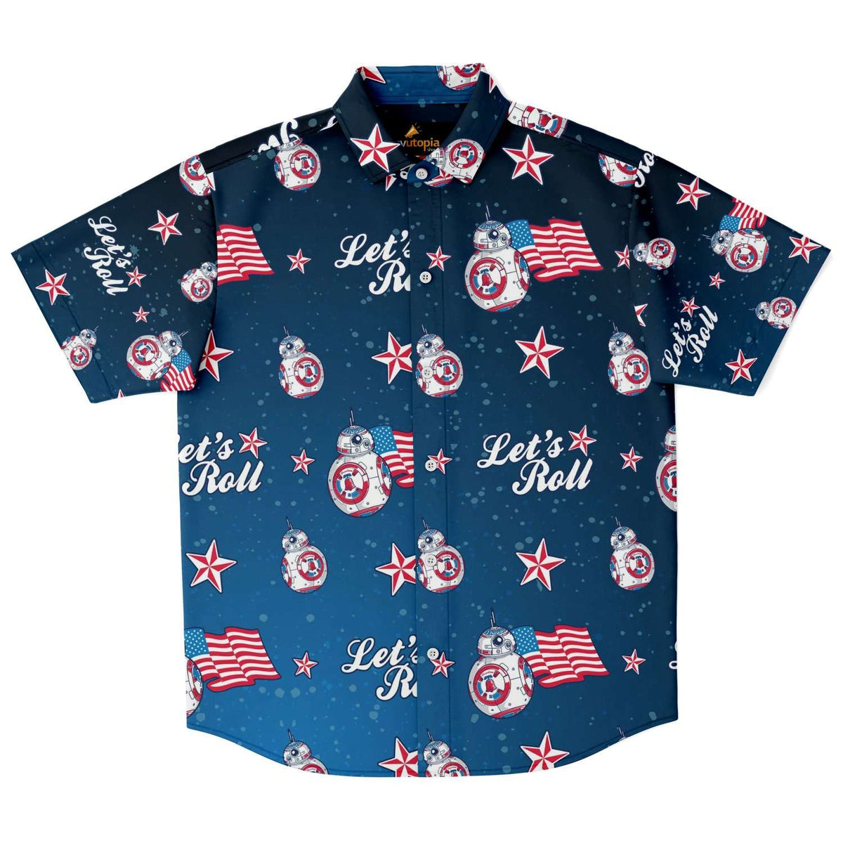 Designs by MyUtopia Shout Out:Lets Roll Patriotic Droid Hawaiian Pattern Dress Shirt,XS,Short Sleeve Button Down Shirt - AOP