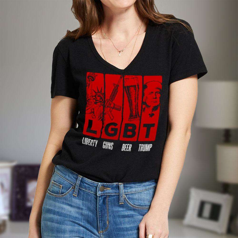 Designs by MyUtopia Shout Out:LGBT Liberty Guns Beer Trump Ladies' V-Neck T-Shirt