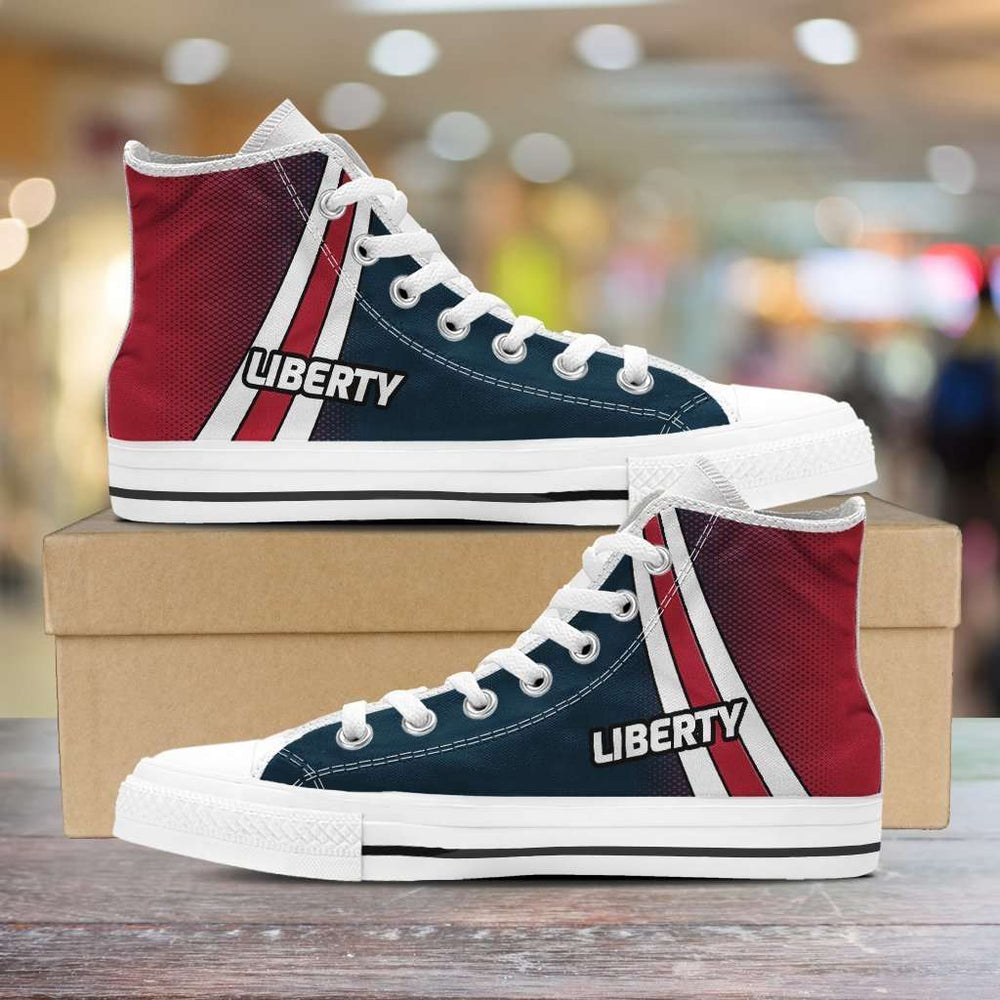 Designs by MyUtopia Shout Out:#Liberty Canvas High Top Shoes,Men's / Men's US 8 (EU40) / Blue/Red/White,High Top Sneakers
