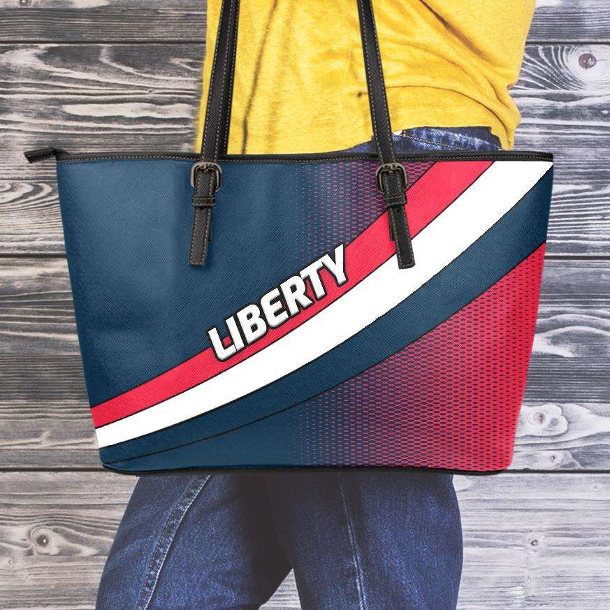 Designs by MyUtopia Shout Out:Liberty Fan Faux Leather Totebag Purse,Medium (10 x 16 x 5) / Red/Black/White,tote bag purse